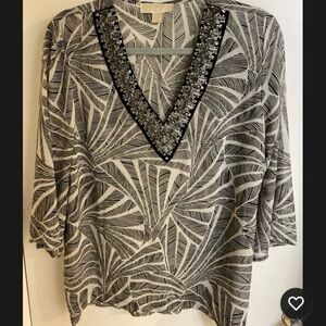 Michael Kors Beaded vneck Black White Print Sheer pullover Tunic Blouse Sz Lg